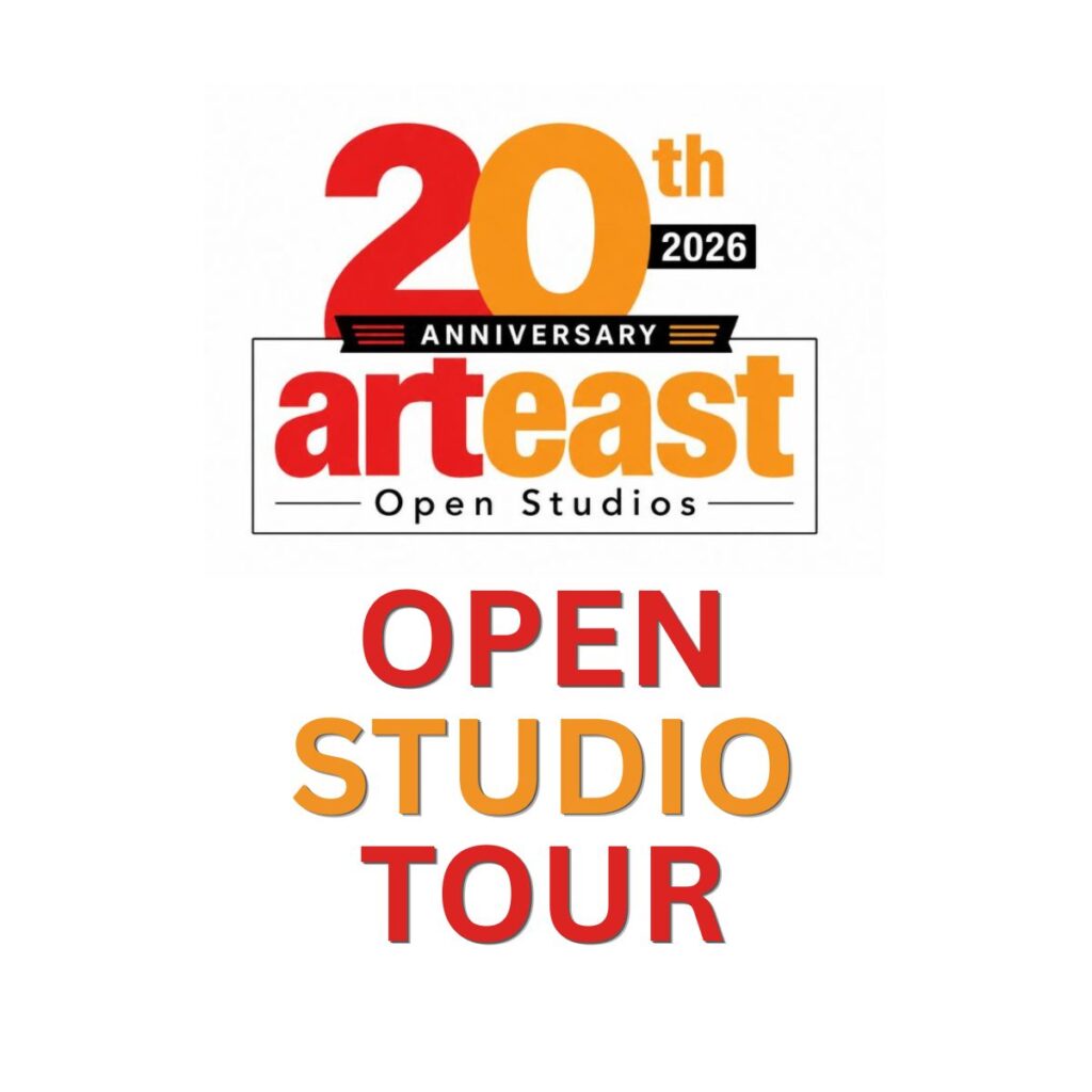 red and gold art east 20th anniversary logo for open studio tour