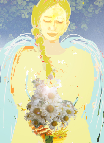 AFRICAN - AMERICAN ANGEL WITH FLOWERS - WATER COLOR PAINTING AND PHOTOSHOP PRINT