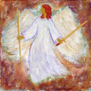 Angel with wings spread wields a sword and staff