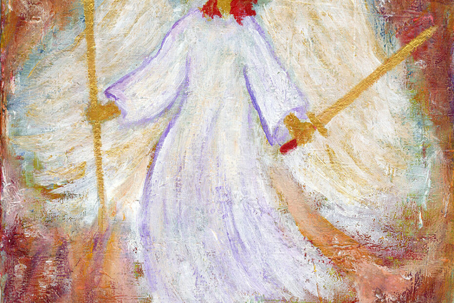 Angel with wings spread wields a sword and staff