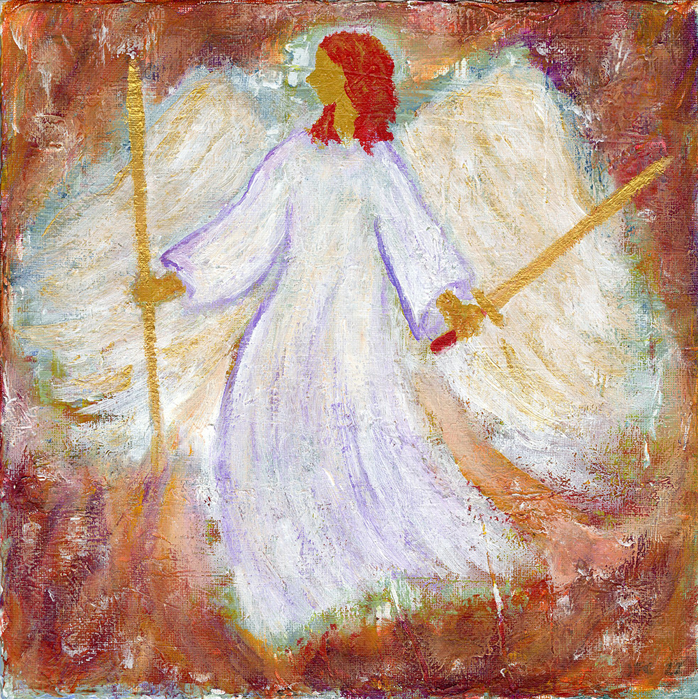 Angel with wings spread wields a sword and staff