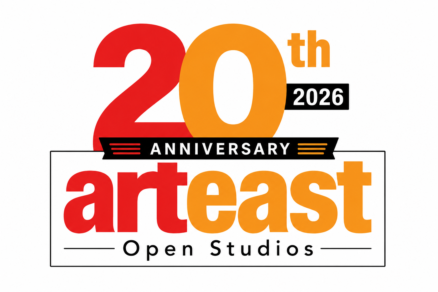 ArtEast logo with large 20th for twentieth anniversary in gold and red arteast LOGO