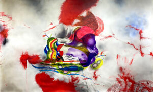 Centralized amorphic figure surrounded by red tufts of fur