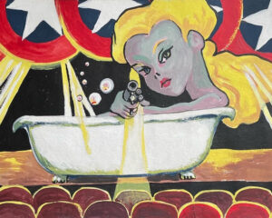 Barbie- painting of blond woman in bath pointing gun, patterns and diagonal lines around her