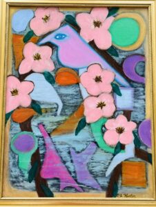 Imaginary pin and purplish Bird rests among the cherry blossoms along with many shapes and forms real and imagined found in nature