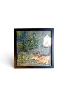 collage_ two groupings of evergreen trees, 3 little songbirds on a piece of white birch bark. Background with sgraffito on the variegated blue green background. With a small envelope holding positive affirmations as well as a blank for personalization.