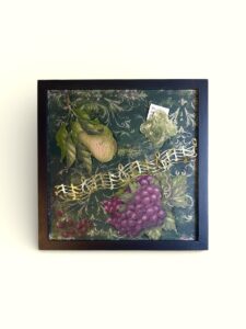 2” square_ collage_ clusters of pears, and grapes with gold musical notes running through. Background is green with gold Victorian Baroque pattern. Includes a positive affirmation with the ability to personalize the affirmation.