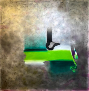 Upside-down goose neck atop a swatch of green