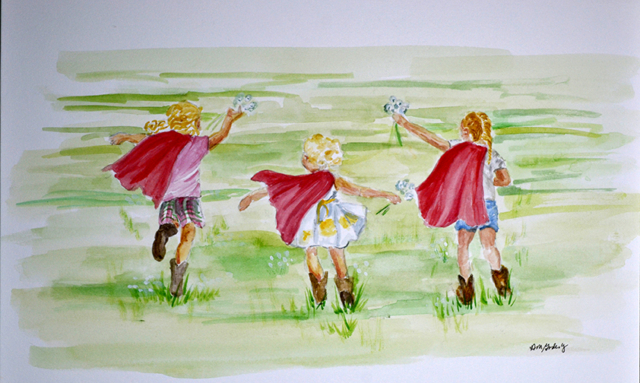 Children with Red Capes running in the field with flowers