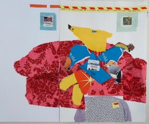collage- Bear and Bird are sitting together on a red couch
