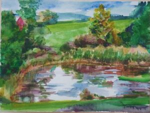 watercolor on paper-plein air painting of countryside pond with cattail and cloud reflections