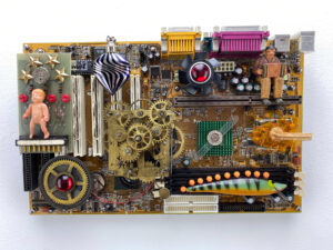 wall sculpture; Upcycled circuit board, Dolls, Fishing Lures and other COOL Stuff