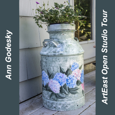 milk can with hydrangeas, blue and purple