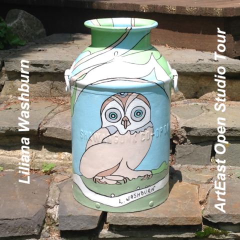 Stylized owl on Liliana Washburn milk can 2018