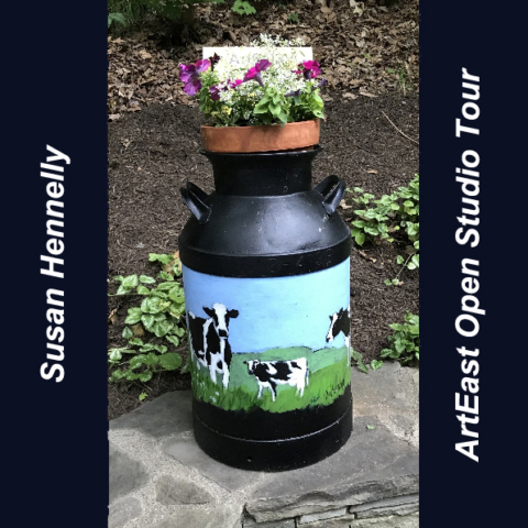 Pastoral scene with cows on Sue Hennelly's milk can