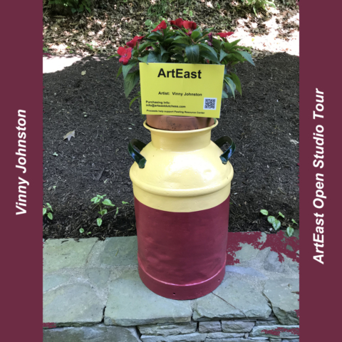 blocks of color red and yellow decorate milk can