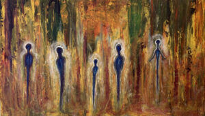 five elongated figures with smallest in center have a white haze around them and deep mixed colors surrount them