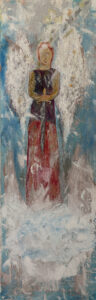 angel on long narrow canvas in purple and red garb holds a sword in the hands