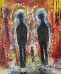 two large abstract figures wigh a small figure coming toward them vibrant glows and colors surround all