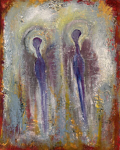 Long extended purple figures with extended necks surrounded by vibrant colors