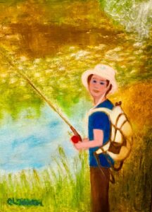 Young man at Summer Camp wearing hat and backpack enjoying fishing activity. The sun is shining and the pond is filled with lily pads. A delightful day