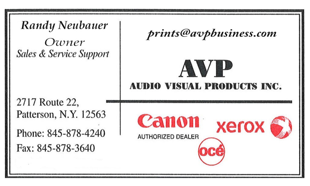 business card for AVP audio visual products