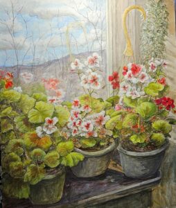 Acrylic on Panel, sunlit window with pink and white potted geraniums,