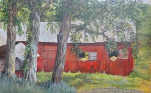 Acrylic on Panel, Red barn behind trees, hay spilling from windows.