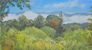 Acrylic on Panel, Bright blue sky, clear foreground and distant hills with thick white mist between.
