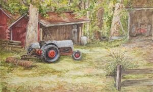 Acrylic on Panel, Pale blue tractor in dappled sunlight in front of barns,.