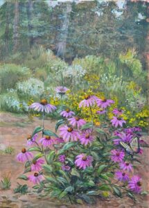 Acrylic on Panel, Close up of purple/pink flowers with butterflies and bees.