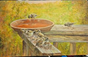 Acrylic on Panel, multiple birds feeding from tray of seed on deck railing.