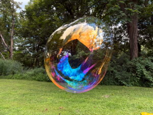 iridescent donut shaped org floats freely over lawn and trees
