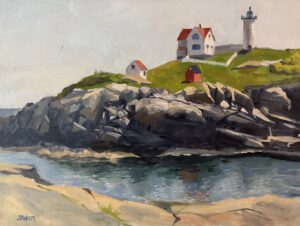 White lighthouse atop a rocky island