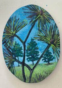 Oval painting looking through pine branches to three trees and blue sky on horizon