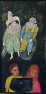 two children sitting in front of computer with figures from their imagination hovering overhead