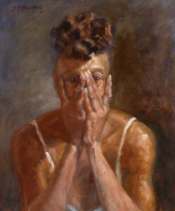 Portrait of a woman who is visibly living a shocking incident. Forrest Sheperd