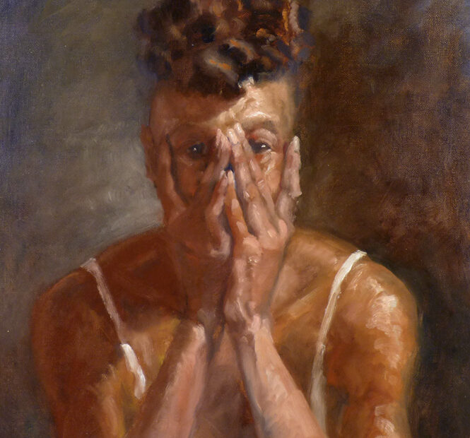 Portrait of a woman who is visibly living a shocking incident. Forrest Sheperd