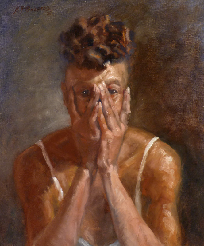 Portrait of a woman who is visibly living a shocking incident. Forrest Sheperd