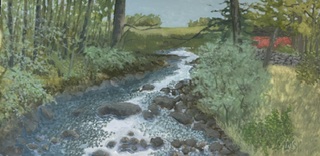 gouache A stream winding thru some woods towards an open field