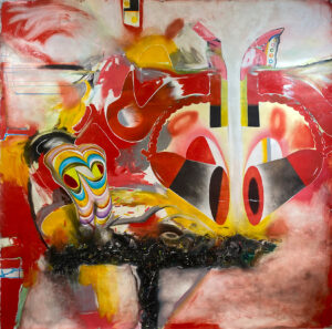 Saturated red painting of two comical, but undeniable figures sitting on a perch