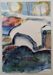 water on paper-Landscape in winter showing dark opening in foreground