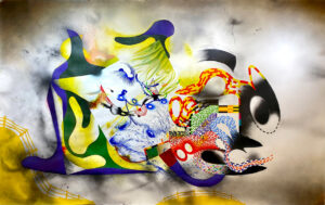 A nonfigurative/figurative conglomerate hovering over fenced rolling hills