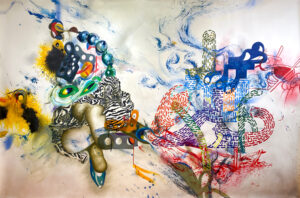 A bulbous figure confronting a graphic figure