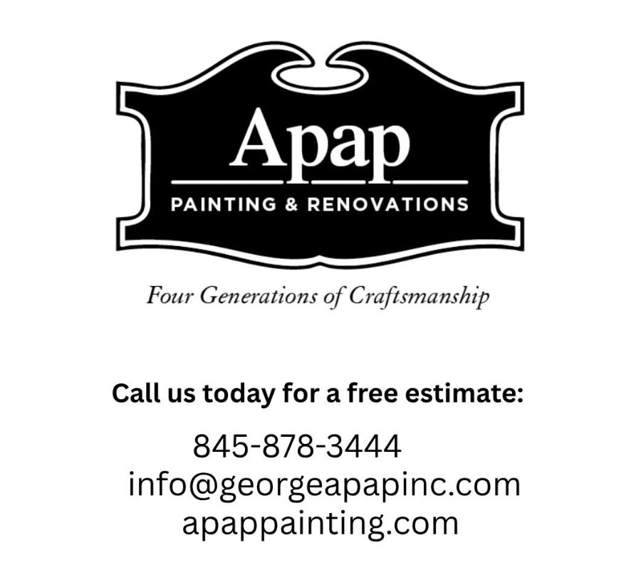 black and white sign shaped logo with text Apap painting + renovations