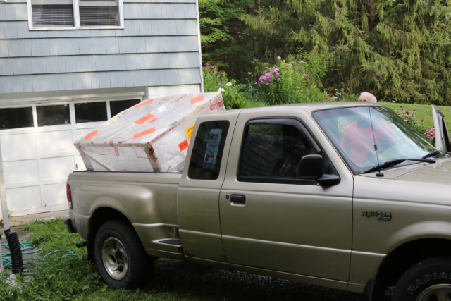 crated turtle in pick up being taken to get painted