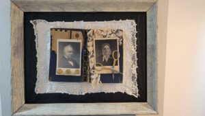 mixed media Images of a victorian man and woman on an old book with objects of their time around them.