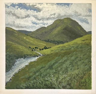 gouache A view of hills sloping down to a rushing stream thru a small valley receding in the distance toward mountains and a dramatic clouded sky