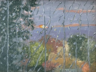 A blurred image of fall trees in full color thru rain drops on and running on window glass Sent from my iPad